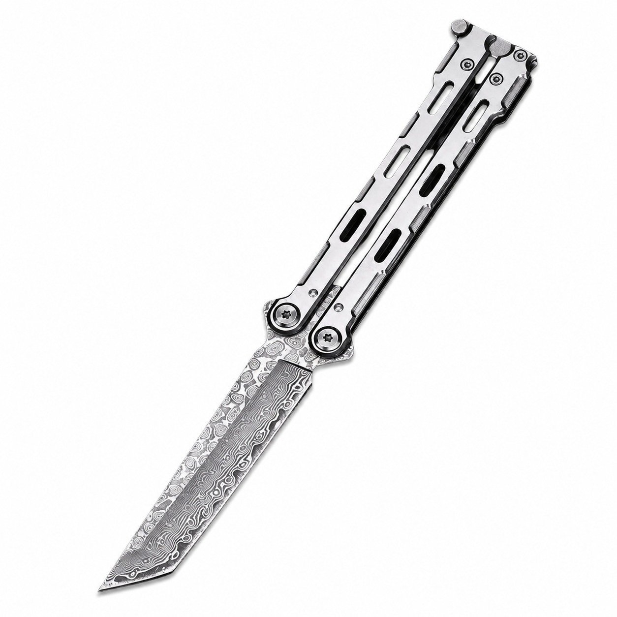 18019-main-white-clean.jpg Damascus Balisong All Steel Training Knife Unsharpened